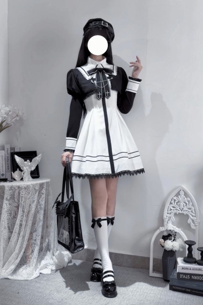 Ekomi Black Cross College Style Jirai Kei Dress and Coat