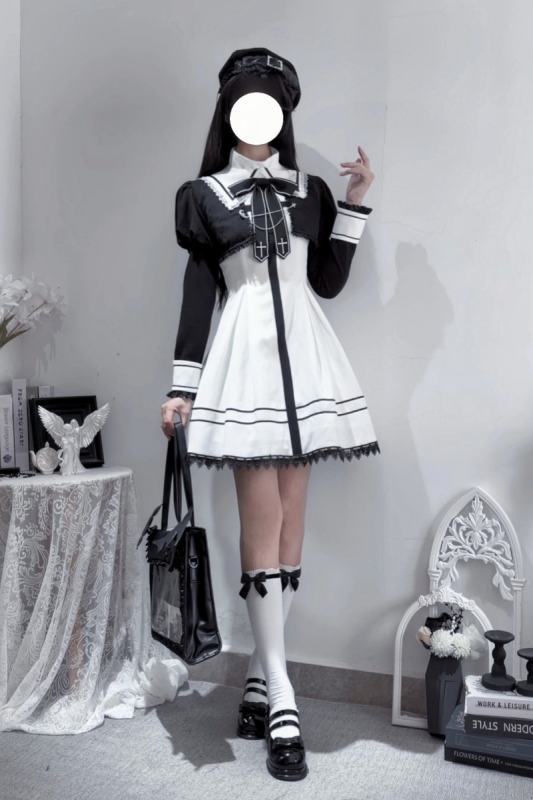 Ekomi Black Cross College Style Jirai Kei Dress and Coat