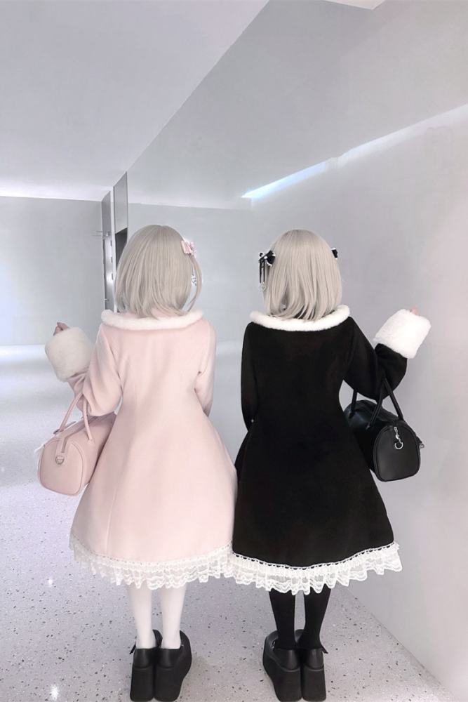 Puppet Bombs Snow Letter Sweet Pink and Black Long Coat