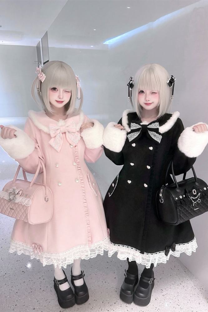 Puppet Bombs Snow Letter Sweet Pink and Black Long Coat