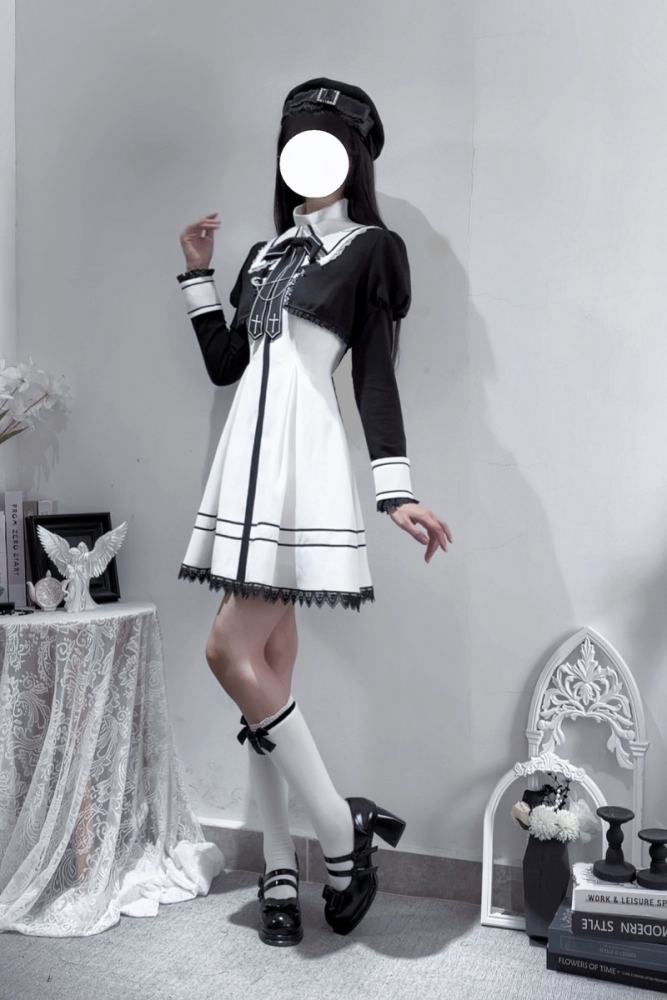 Ekomi Black Cross College Style Jirai Kei Dress and Coat