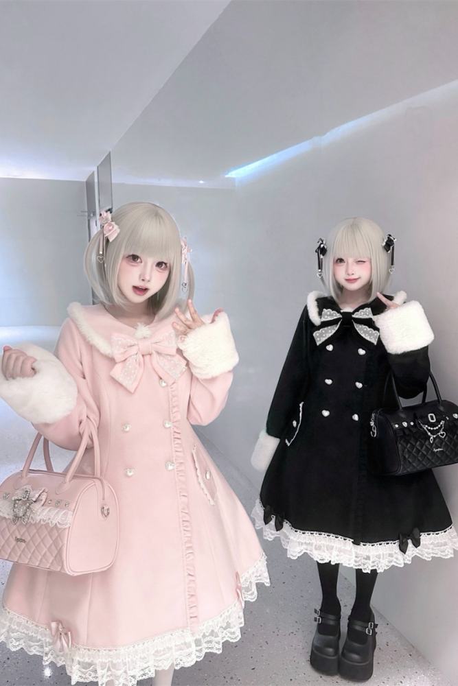 Puppet Bombs Snow Letter Sweet Pink and Black Long Coat