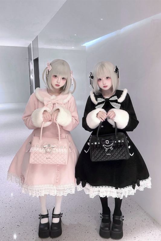 Puppet Bombs Snow Letter Sweet Pink and Black Long Coat