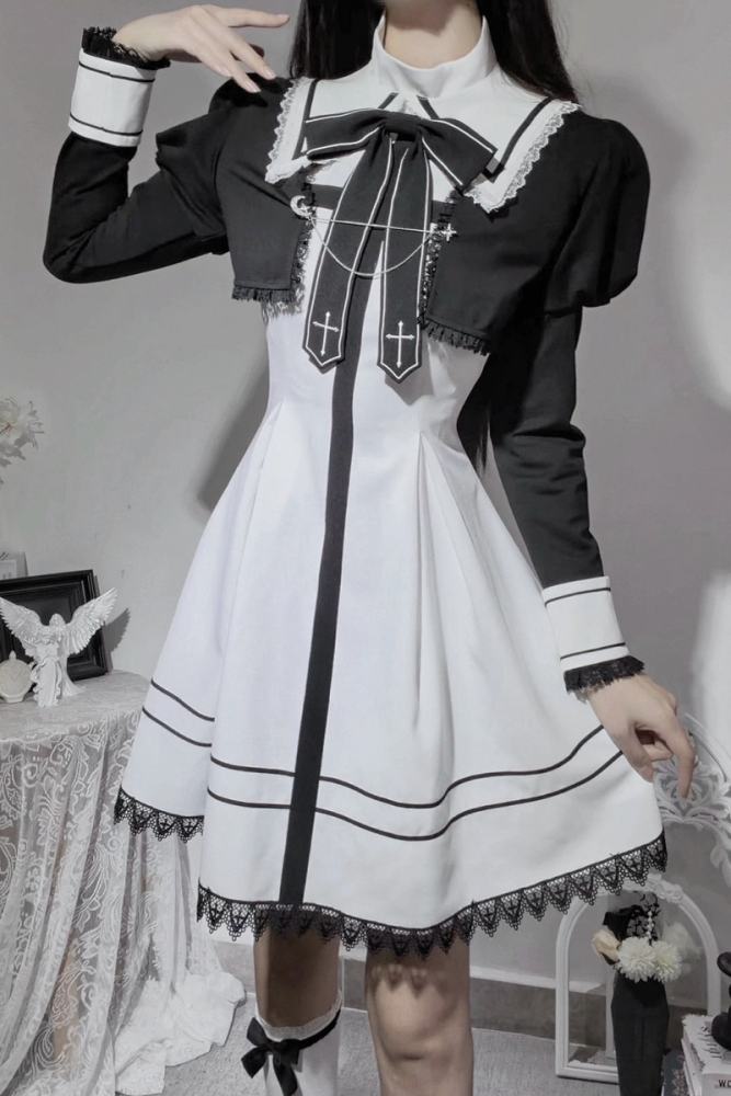 Ekomi Black Cross College Style Jirai Kei Dress and Coat