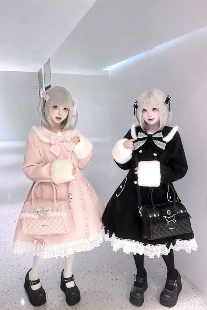 Puppet Bombs Snow Letter Sweet Pink and Black Long Coat