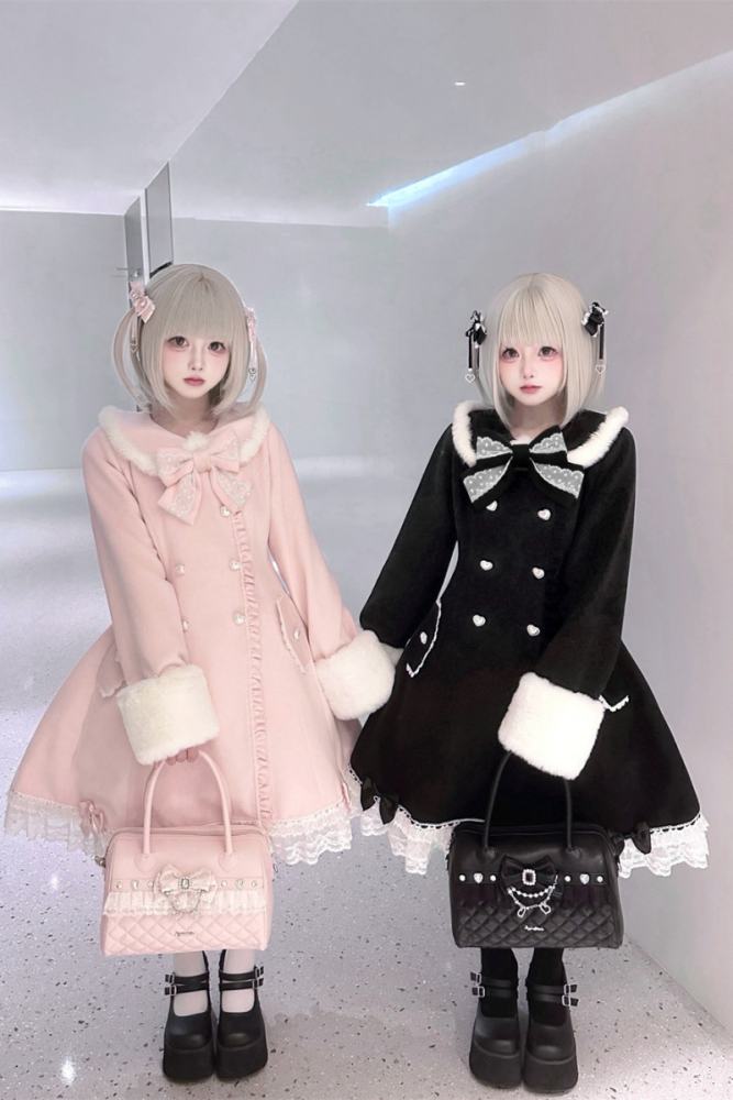 Puppet Bombs Snow Letter Sweet Pink and Black Long Coat