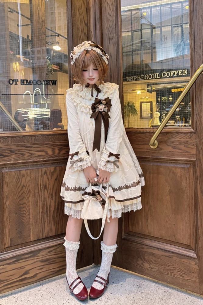 Starry Cream Lane Antique Bear Choco Lolita Headdress Bag and Badge