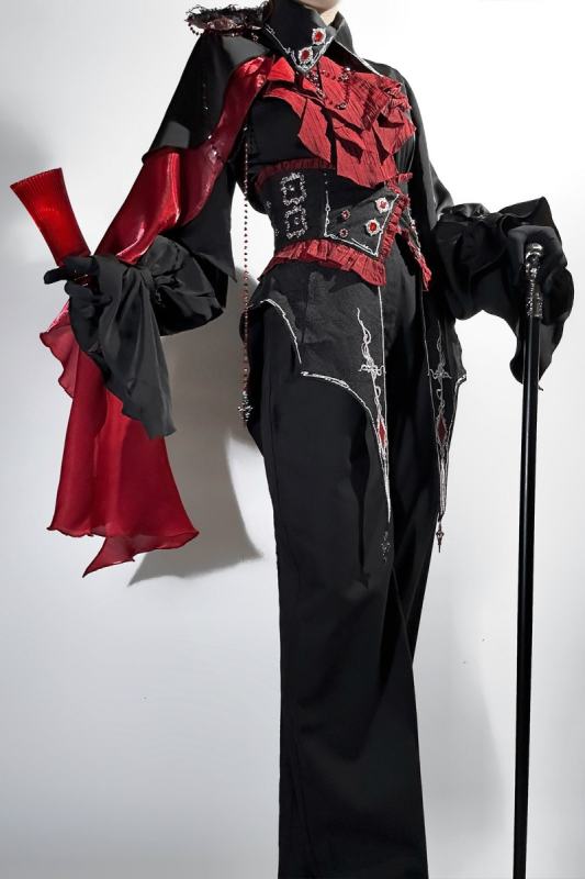 Unchartde Stars Crimson Oath Gothic Ouji Lolita Blouse Trousers Girdle and Cape