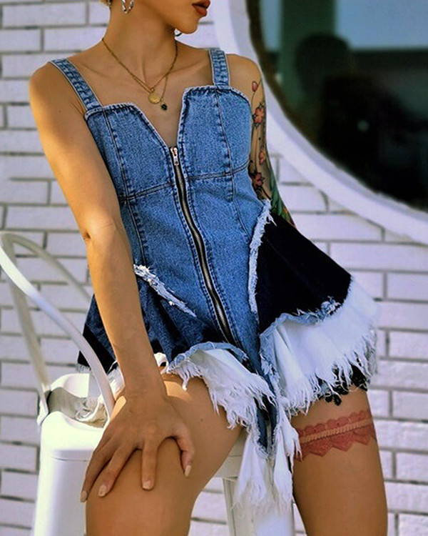 Design Colorblock Denim Sling Waist Corset