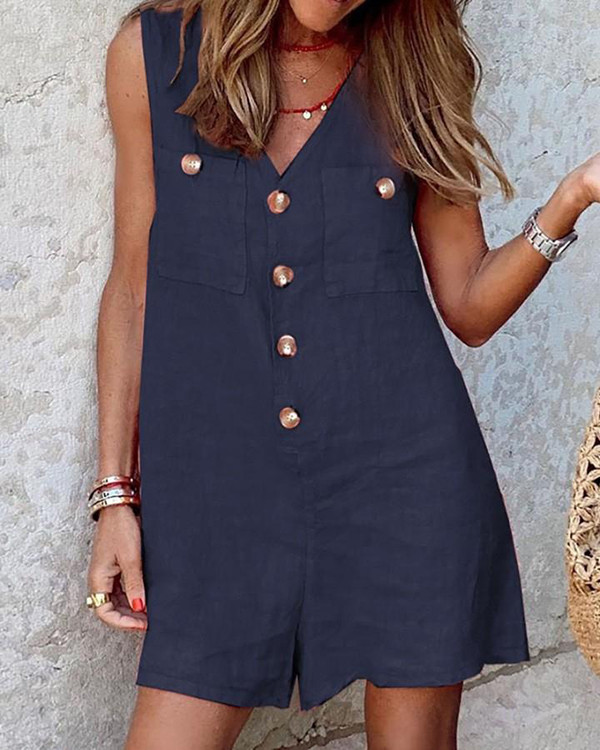 Cotton and Linen V-Neck Button Patch Pocket Jumpsuit