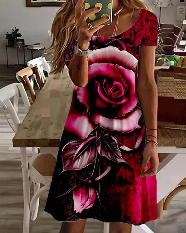 Red Rose Printed Casual Vacation Short Sleeve Round Neck Mini Dress
