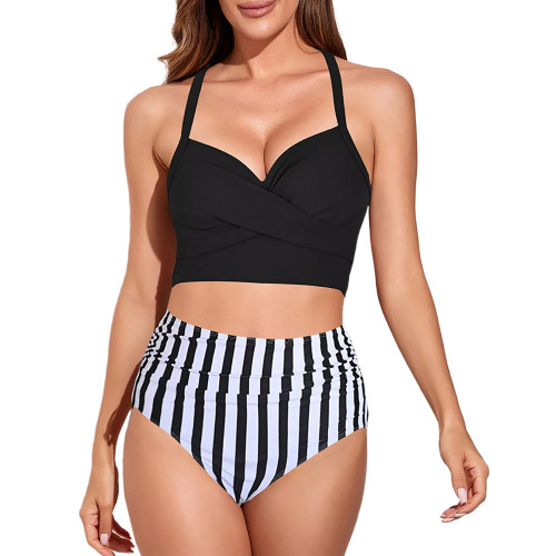 Fashion Bandeau Striped High Waist Bikini Swimsuit TQK610340-37