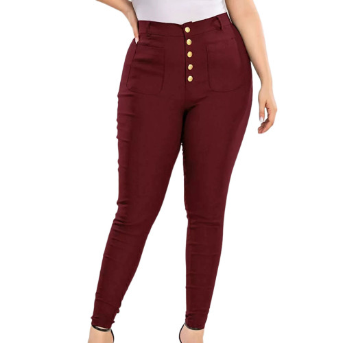 Wine Red High Waist Plus Size Legging with White Buttons TQK530104-23A