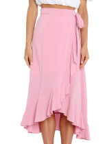 Pink Ruffle Hem Lace-up Maxi Skirt TQK360055-10