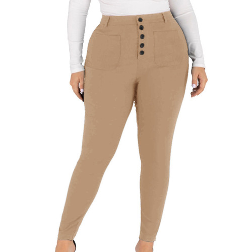 Khaki High Waist Plus Size Legging with White Buttons TQK530104-21B
