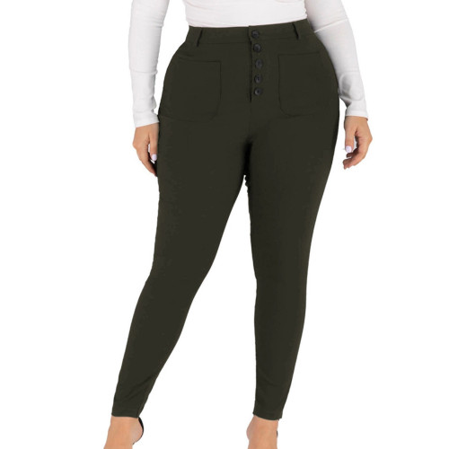 Army Green High Waist Plus Size Legging with White Buttons TQK530104-27B