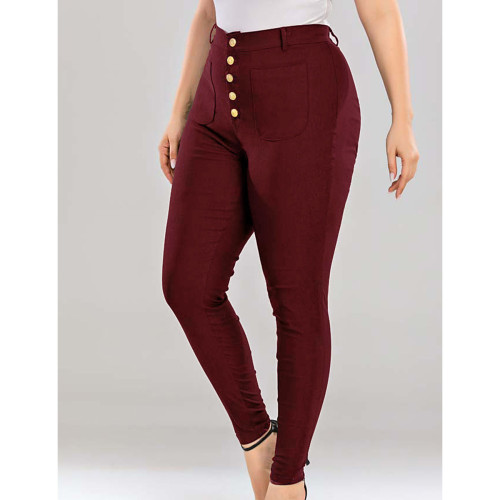Wine Red High Waist Plus Size Legging with White Buttons TQK530104-23A
