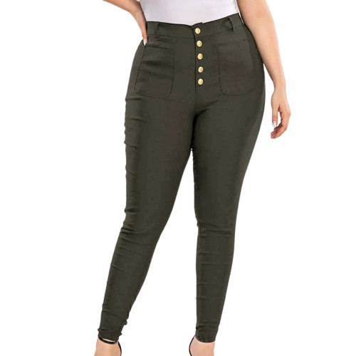 Army Green High Waist Plus Size Legging with White Buttons TQK530104-27A