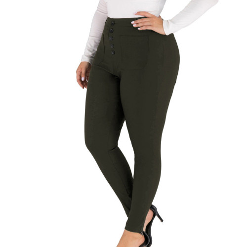 Army Green High Waist Plus Size Legging with White Buttons TQK530104-27B