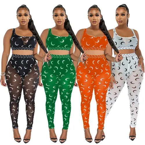 Sexy printed suspender top and see-through slim pencil pants two-piece set for women