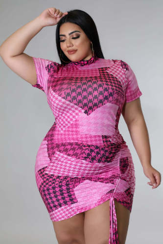 Plus Size Women's Stretch Short Sleeve Digital Print Drawstring Dress