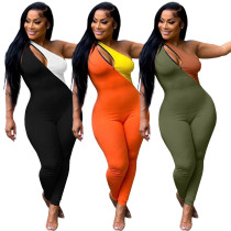 Women's Fashion Slant Collar Zip Double Piece Solid Color Topless Jumpsuit