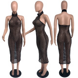 Sexy Cutout Knit Fishnet Bikini Cover Turtleneck Halter Maxi Dress