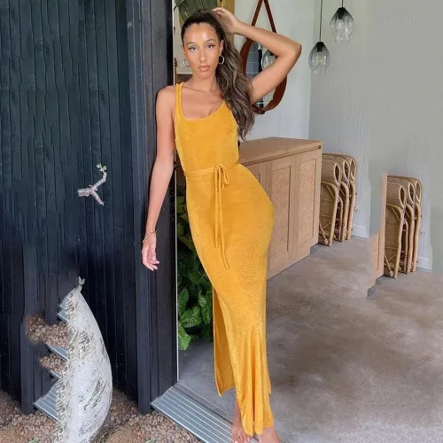Casual Solid Color Sleeveless Tie Backless Slit Dress Women's