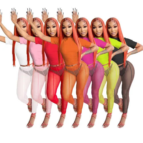 Short-sleeved mesh pants two-piece sexy see-through solid color sports suit