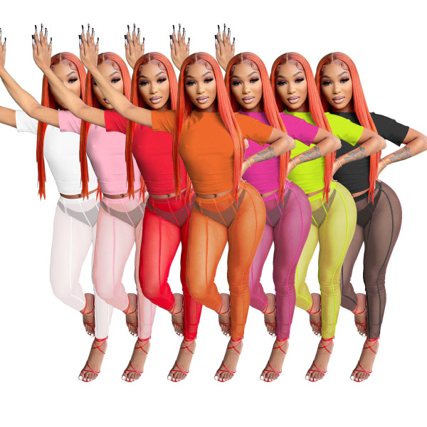 Short-sleeved mesh pants two-piece sexy see-through solid color sports suit