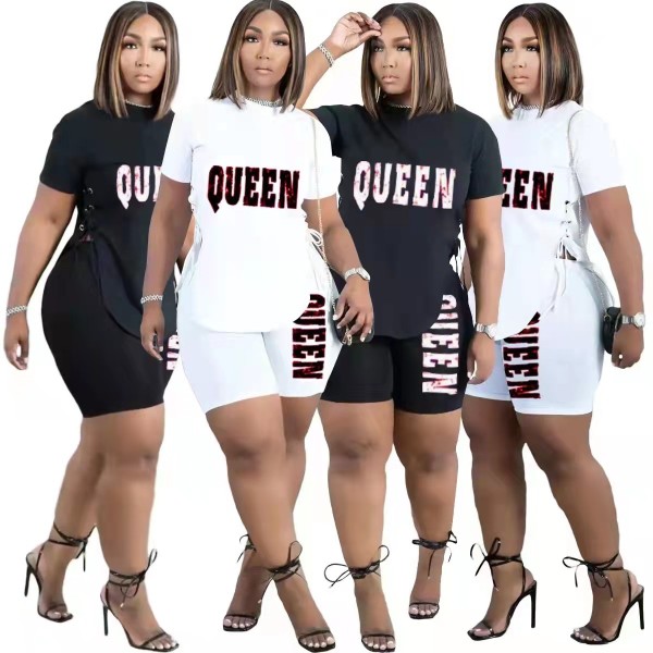 Casual side slit eyelet strap letter print two-piece set