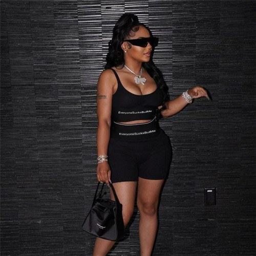 Women's High Waist Low Cut Printed Letter Casual Shorts Vest Suit