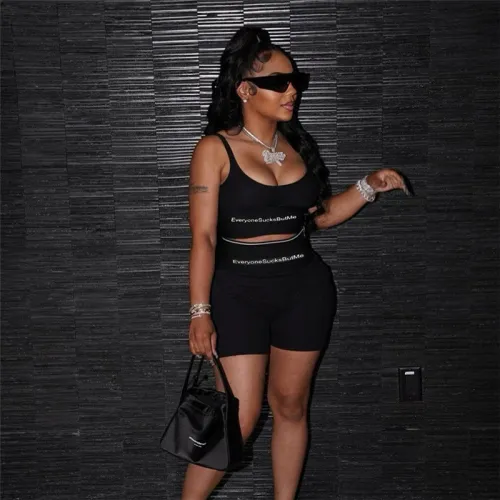 Women's High Waist Low Cut Printed Letter Casual Shorts Vest Suit