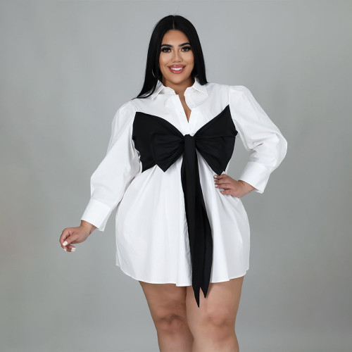 Solid Color Patchwork Tie Oversized Loose Shirt Dress