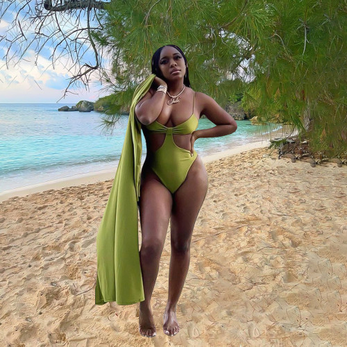 Sexy Elastic Swimsuit Sunscreen Solid Color Two Piece Set