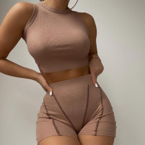 Solid Color Crew Neck Vest High Waist Casual Shorts Set