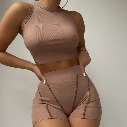 Solid Color Crew Neck Vest High Waist Casual Shorts Set
