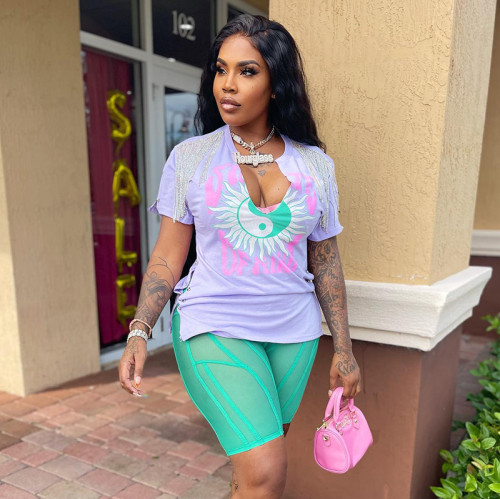 Printed Hip Hop Street Slit Fringe Short Sleeve T-Shirt