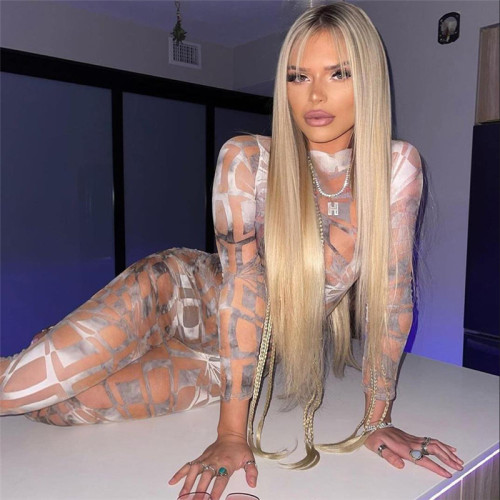 Women's Fashion Digital Printing Mesh See-Through High Waist Bodysuit