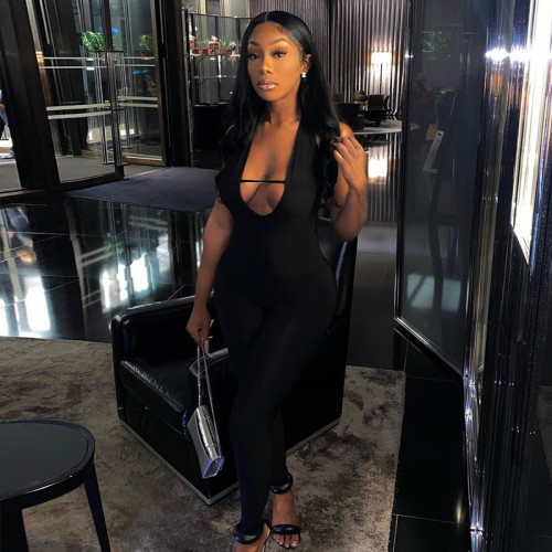 Women's Sexy Low Cut Halter Neck Tight High Waist Hip Raise Hollow Sports Jumpsuit