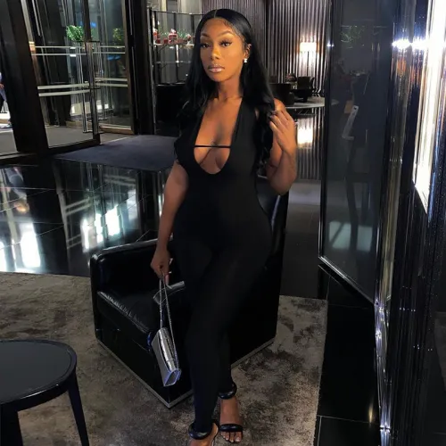 Women's Sexy Low Cut Halter Neck Tight High Waist Hip Raise Hollow Sports Jumpsuit