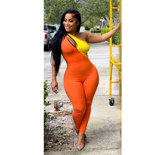 Women's Fashion Slant Collar Zip Double Piece Solid Color Topless Jumpsuit