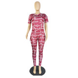 Two-piece printed short-sleeve side-tie trousers