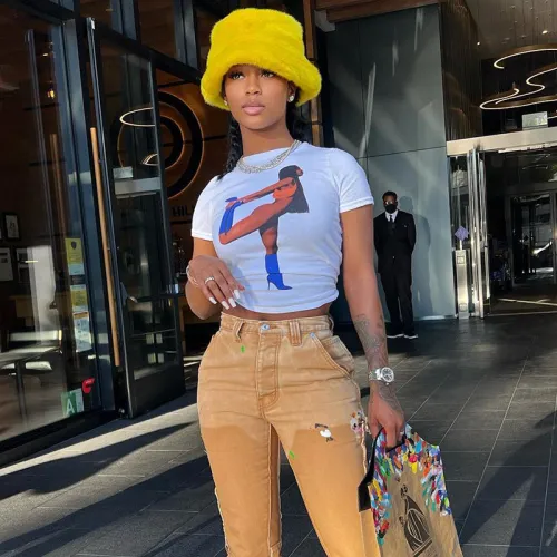 Printed Round Neck Cropped Navel Short Sleeve Casual T-Shirt Top Women