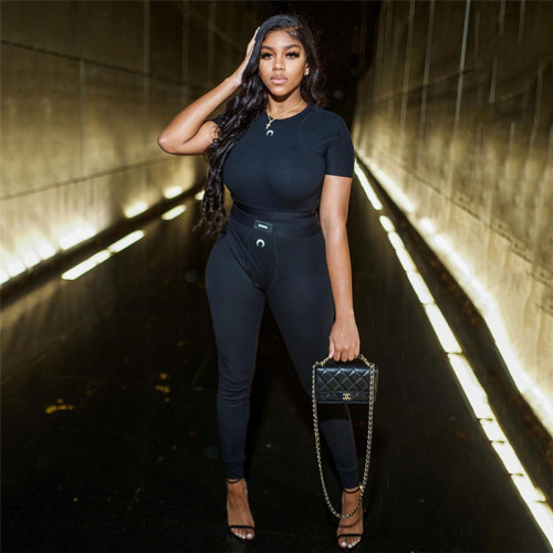 Fashion Embroidered Slim Navel Top High Waist Tight Pants Suit Women