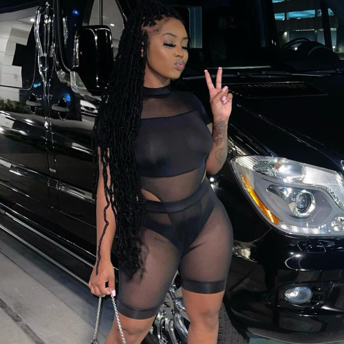 Sexy Short Sleeve Jumpsuit Hollow Mesh Perspective Shorts Suit Women