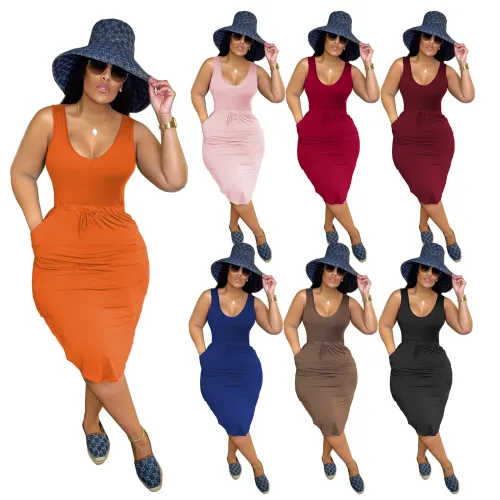Women's Fashion Solid Color V-Neck Strap Tank Top Dress Ruffle Hem Sexy Dress