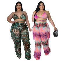 Beach Sexy Feature Print Swimsuit Mesh Three-piece Set