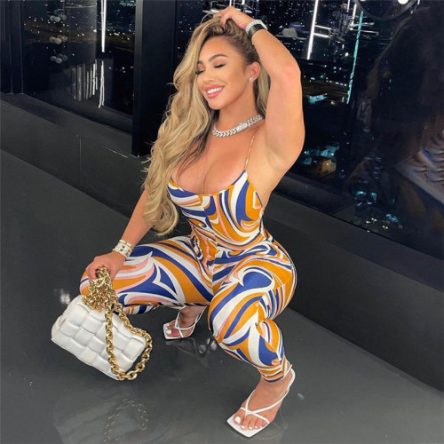 Women's Fashion Printed Backless Sling High Waist Bodysuit