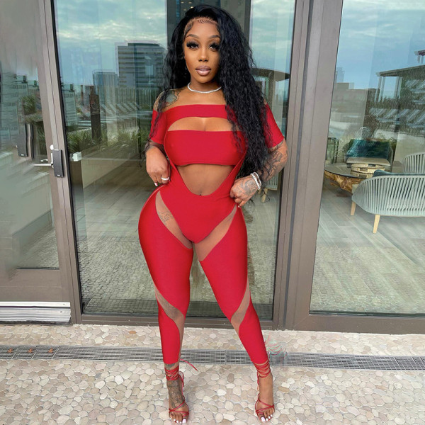 One-shoulder short-sleeve leak navel skinny trousers jumpsuit